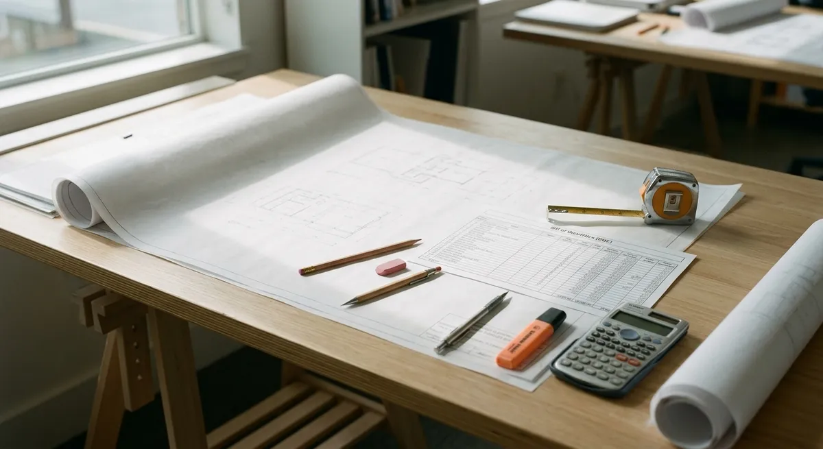 Plans, quantitatif DQE et calculatrice sur un bureau d’études